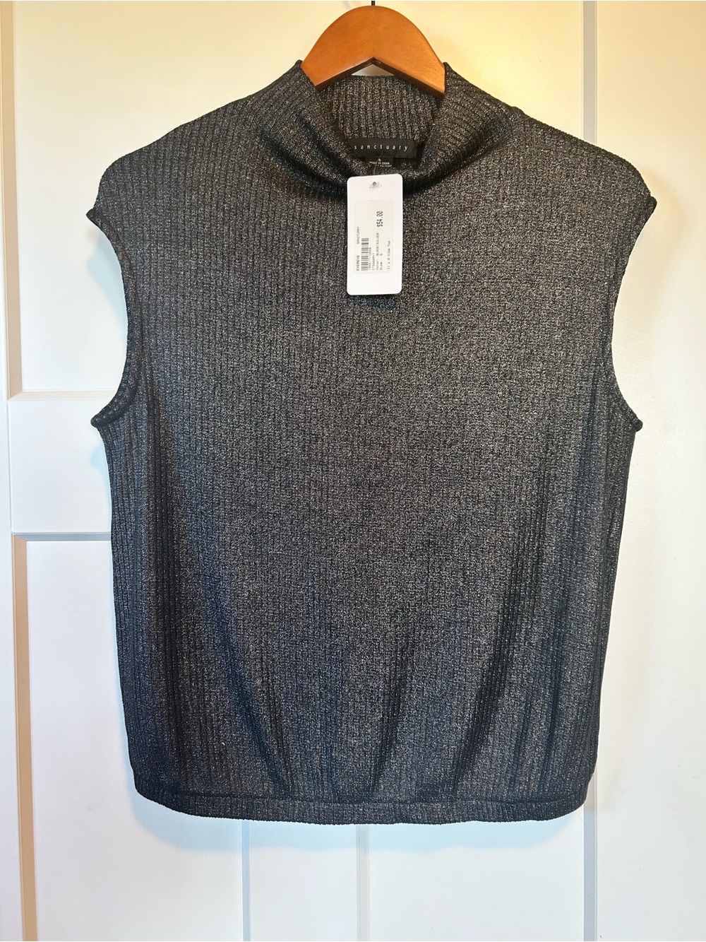 NWT Sanctuary Its A Vibe Top Metallic Silver Ribbed Sleeveless Mock Neck S